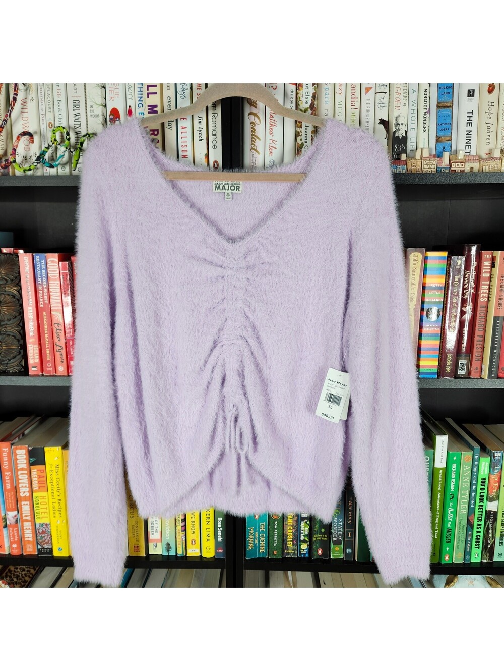 Major Label Group Lilac Eyelash Knit Ruched Drawstring Sweater XL NWT